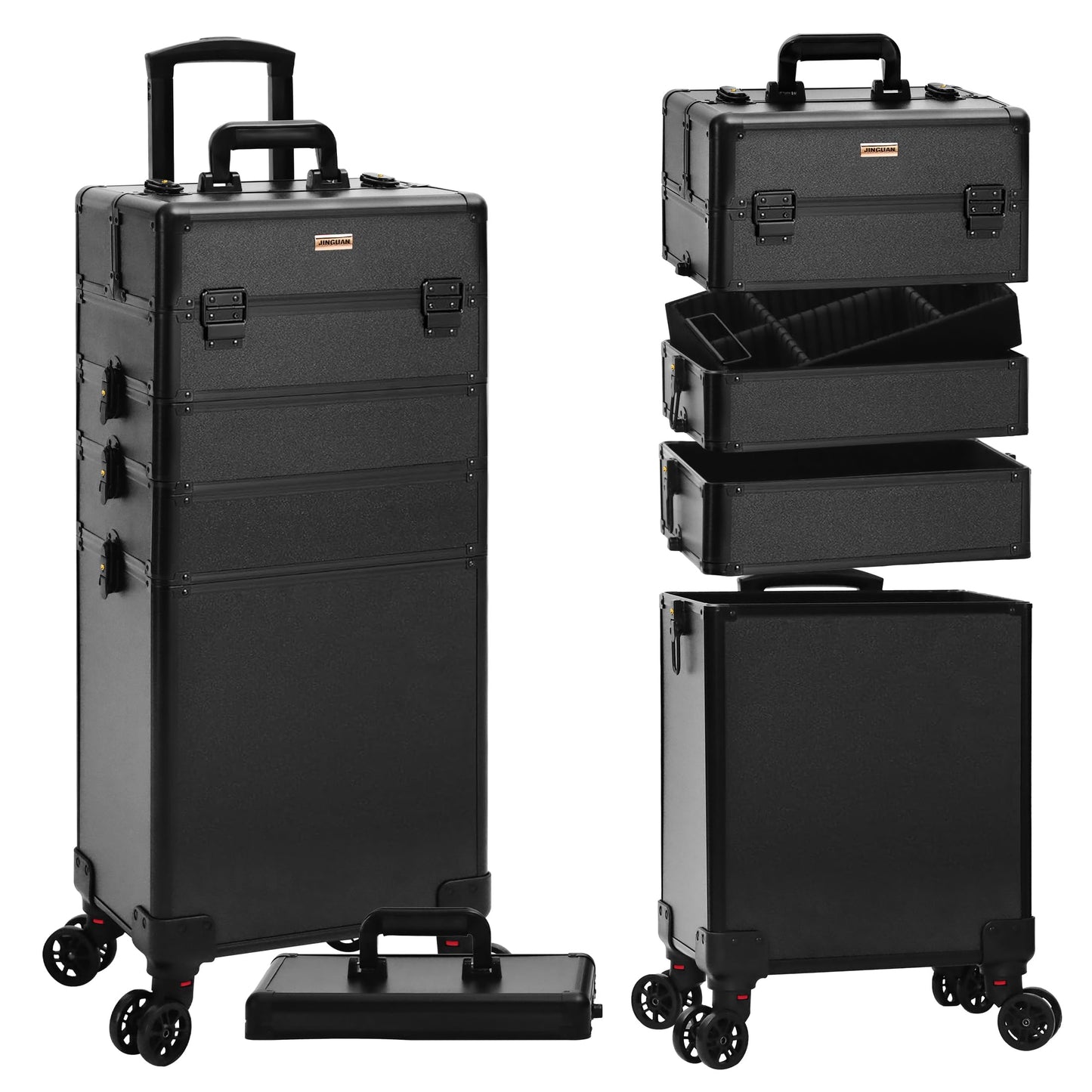 JINGUAN Rolling Makeup Train Case Large Storage Cosmetic Trolley 5 in 1 Large Capacity Trolley Makeup Travel Case with Key Swivel Wheels Salon Barber Case Traveling Cart Trunk, Black