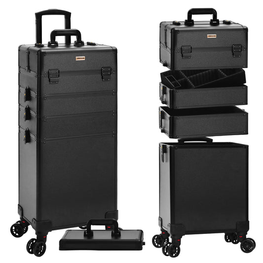 JINGUAN Rolling Makeup Train Case Large Storage Cosmetic Trolley 5 in 1 Large Capacity Trolley Makeup Travel Case with Key Swivel Wheels Salon Barber Case Traveling Cart Trunk, Black