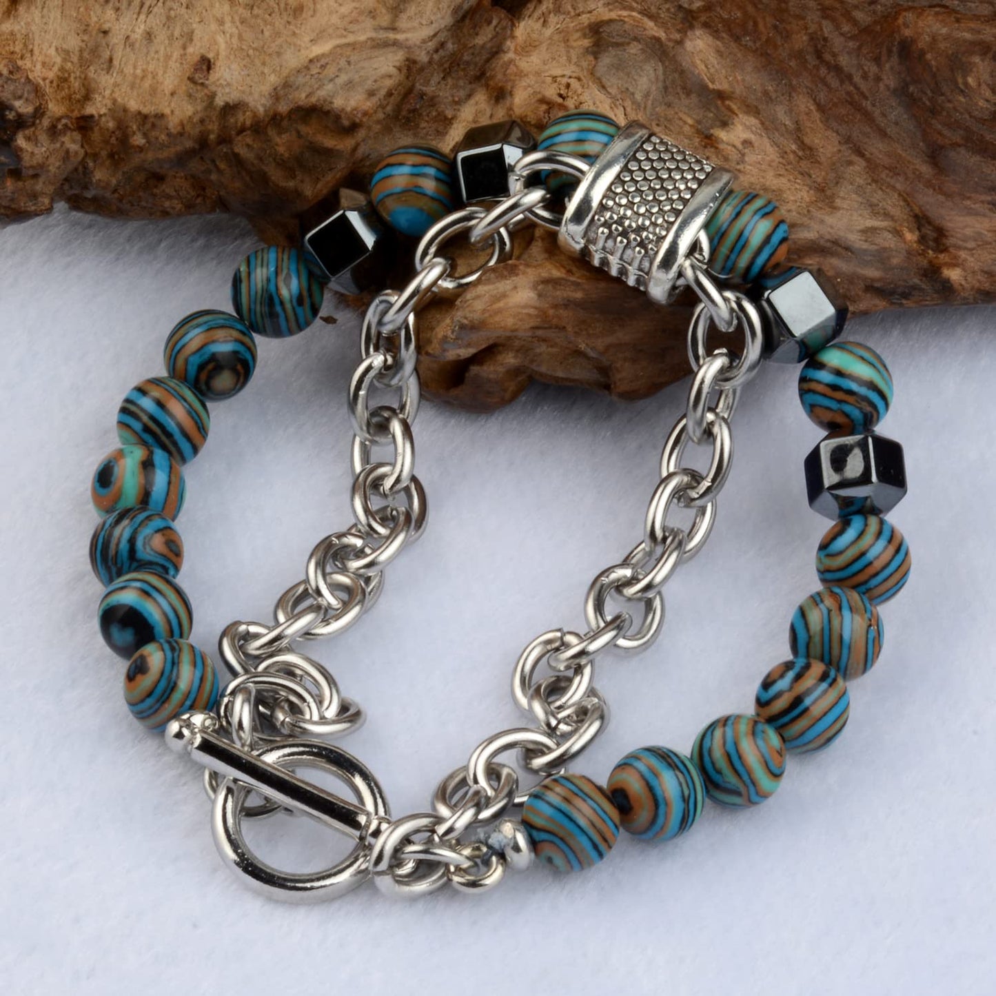 Nainsect Bead Bracelets Malachite Bracelet Metal Beads Hip Hop Gallstone Beaded Chain Bracelet Mens Beads Stretch Bracelet 2 PCS (Green+white)