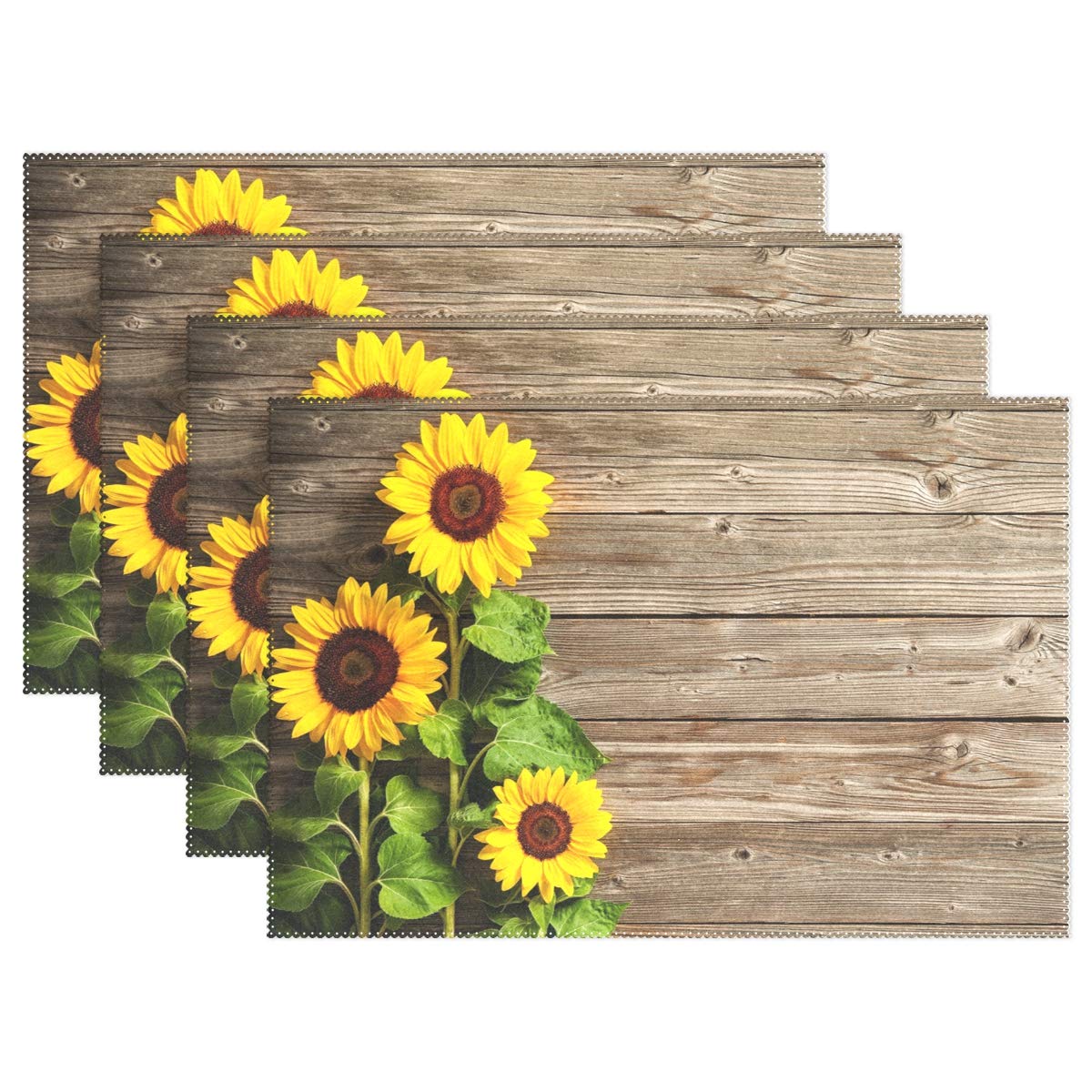 Wamika Beautiful Sunflowers Placemats Set of 6 Wood Board Florals Table Mats Spring Summer Autunm Place Mats for Kitchen Dining Decor Heat Resistant Non-Slip Washable 12 X 18 in