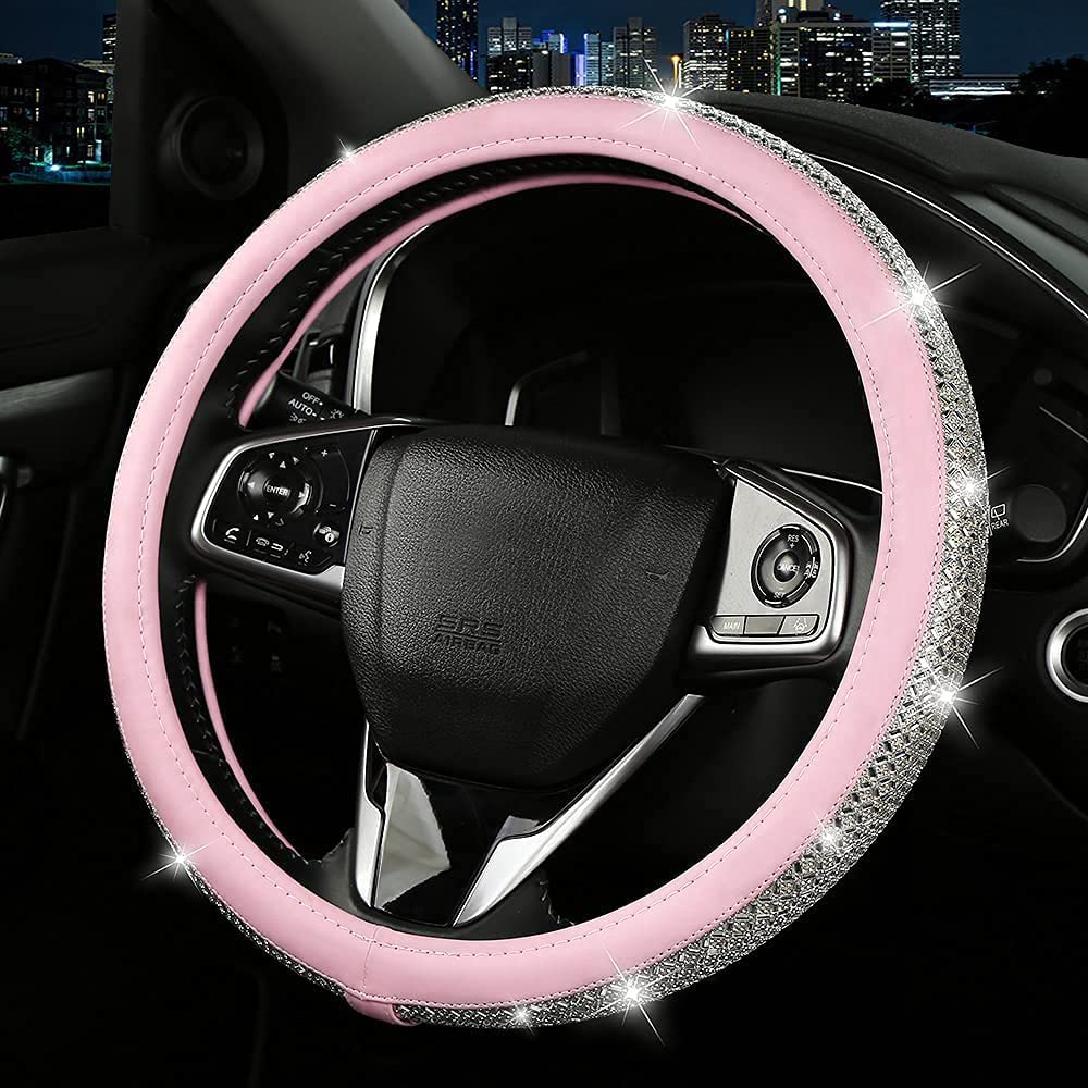 Steering Wheel Cover Women Pink Bling Diamond Steering Wheel Cover, Leather Cute Steering Wheel Covers with Crystal Rhinestones, Breathable, Anti-Slip Universal Fit 14-15 Inch Bling Car Accessories