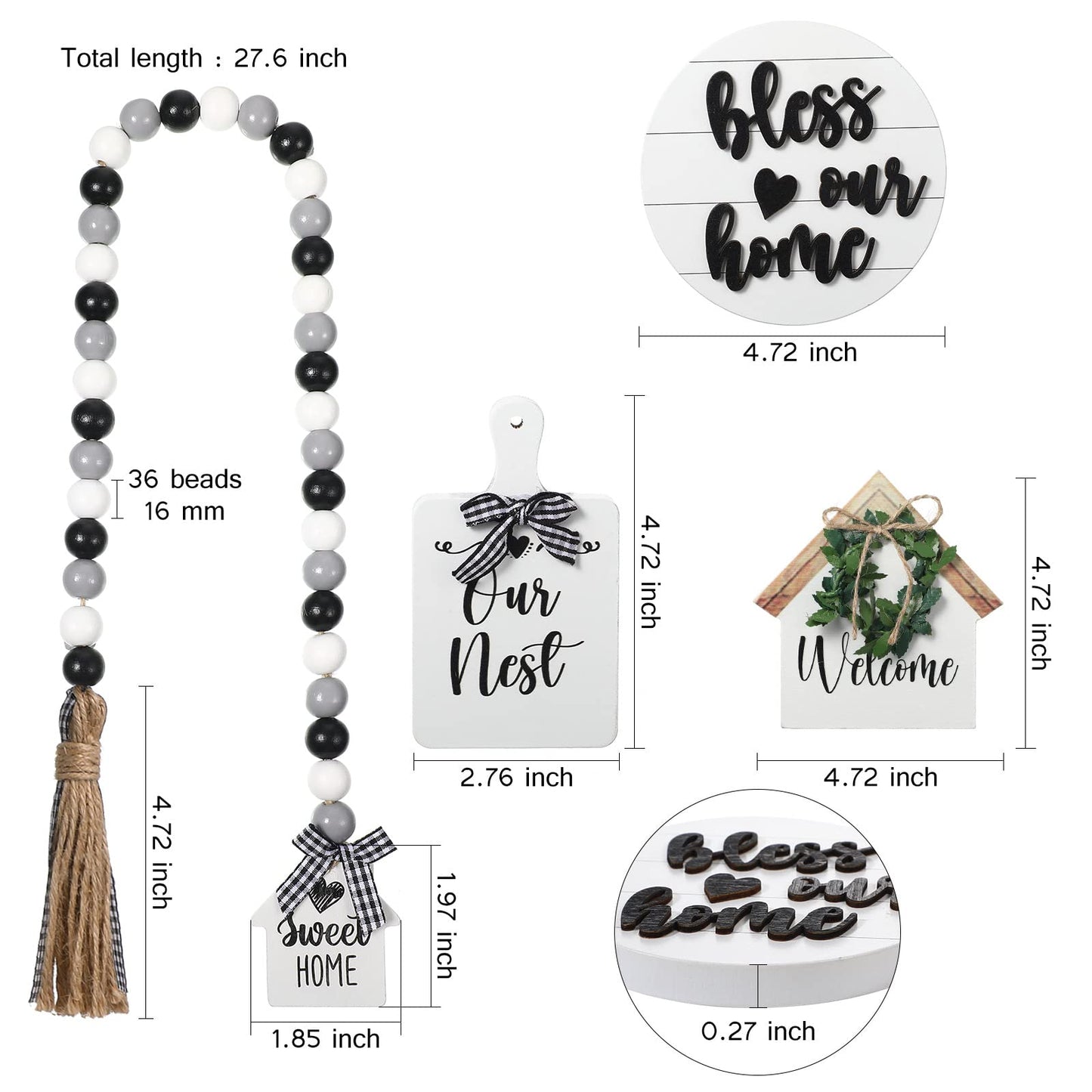 4 Pieces Farmhouse Tiered Tray Decor Set Including House Farmhouse Sign Wooden Small Items Plaid Wood Bead Garland for Home Decor(Simple Style)