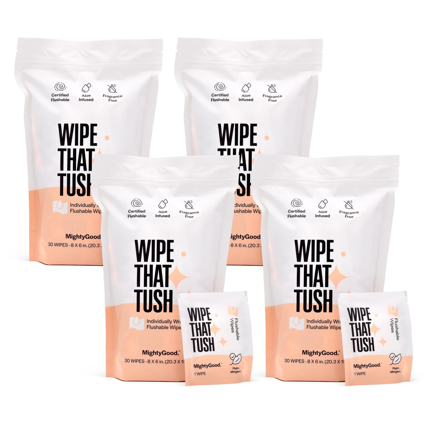 Wipe That Tush On-The-Go Flushable Wet Wipes - 1 Pack, 30 Wipes - Individually Wrapped Extra-Large Wipes with Aloe - Hypoallergenic & Unscented - Septic and Sewer Safe
