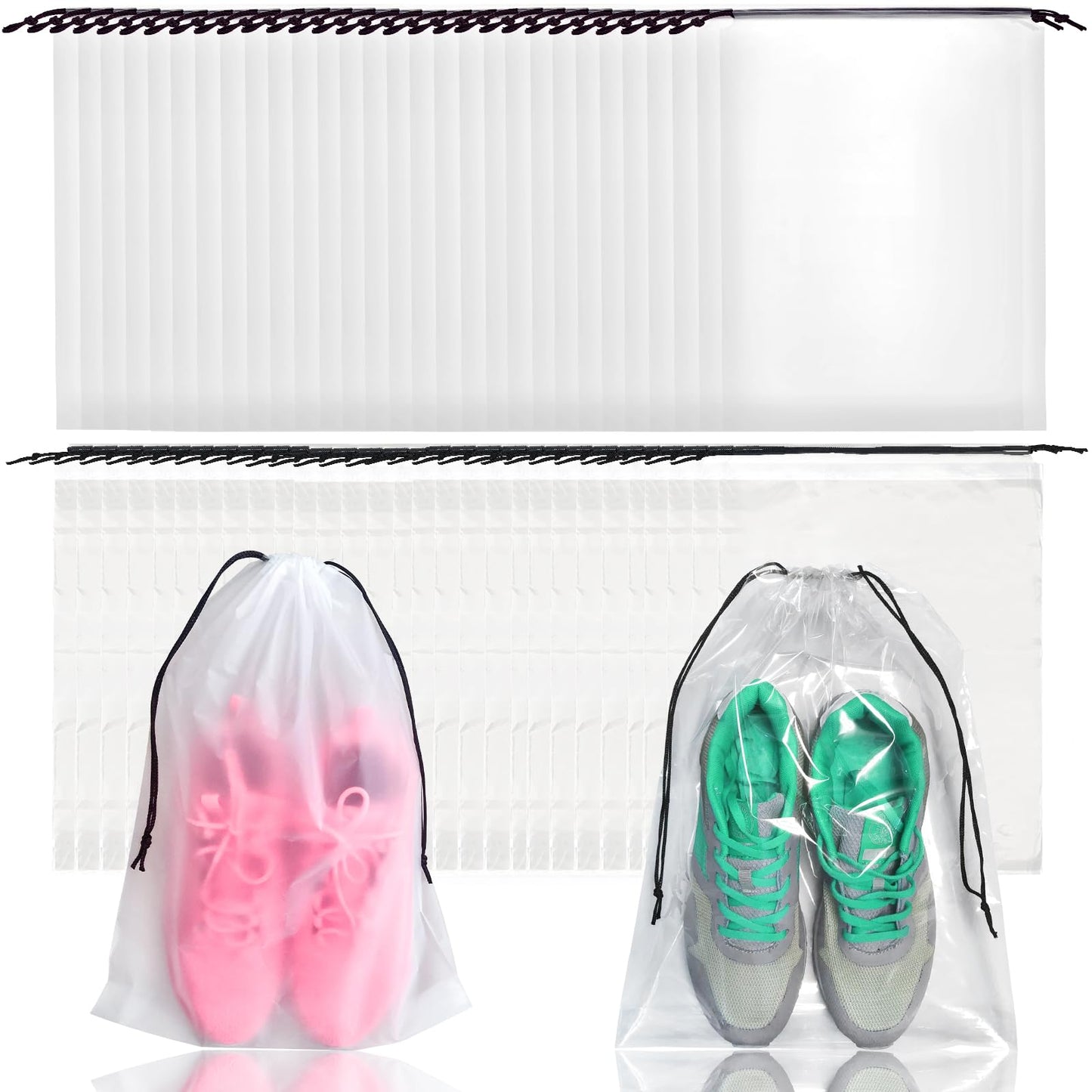 60 Pcs Travel Shoe Bags with 30 Transparent,30 Translucent,Clear Plastic Portable Shoe Storage Bag,Drawstring Travel Packing Shoe Bags for Men and Women(11.8 in x 15.7 in)