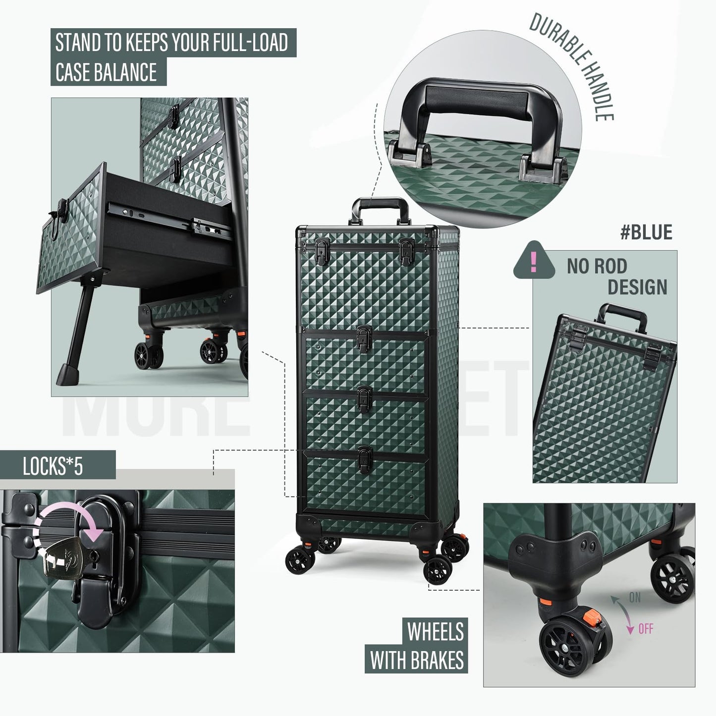 Yueieoun Salon Cart with 3 Drawers, Professional Trolley Cart for Beauty Salon, Rolling Train Case Makeup Organizer Case for Nail Tech (Dark Green)