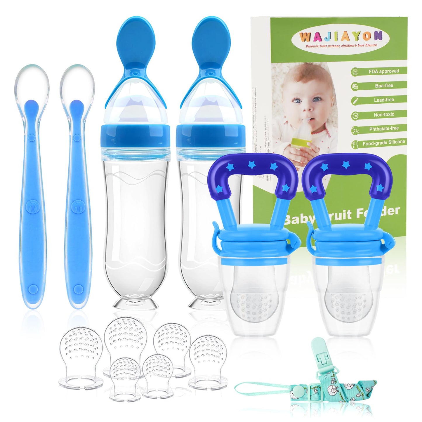 WAJIAYON Baby Fruit Feeder Pacifier | Infant Food Feeder Pacifier & Food Dispensing Spoon | Fresh Fruit Teethers for Babies | Silicone Feeder Baby,Mesh Feeder Shower Gifts for Boys and Girls(Blue)