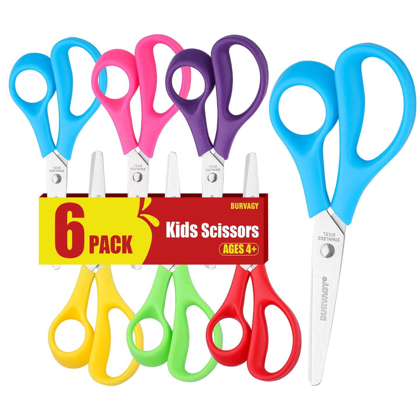 6Pack 5.5" Safety Small School Kids Student Round Blunt Tip Craft Scissors Bulk, Stainless Steel Blades Comfort Grip Scissors for Kid Children Kindergarten Cutting Paper