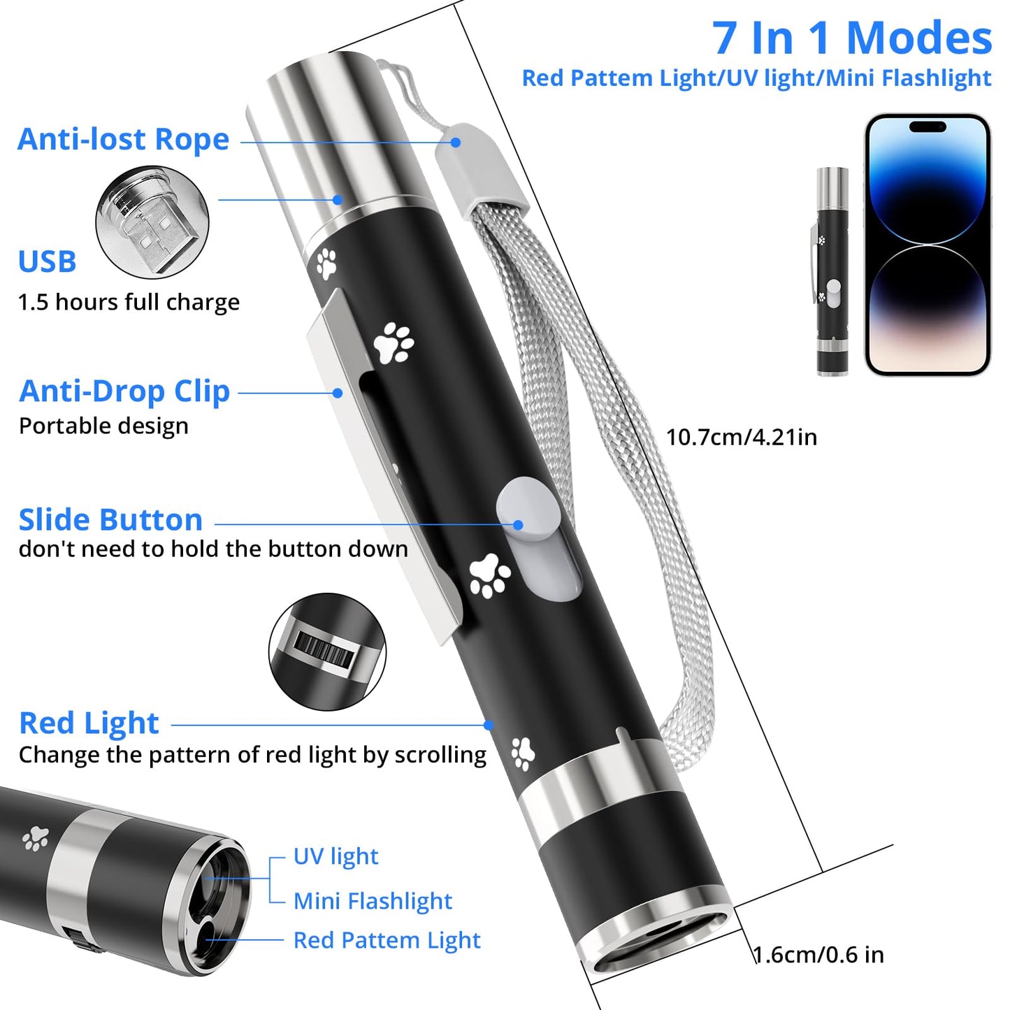 OUMSIS Cat Toys, USB Rechargeable Interactive Cat Mouse Toys, 3 Light Modes & 5 Adjustable Patterns, Portable Kitten Toy for Indoor Cats & Dogs, Training & Exercise Fun