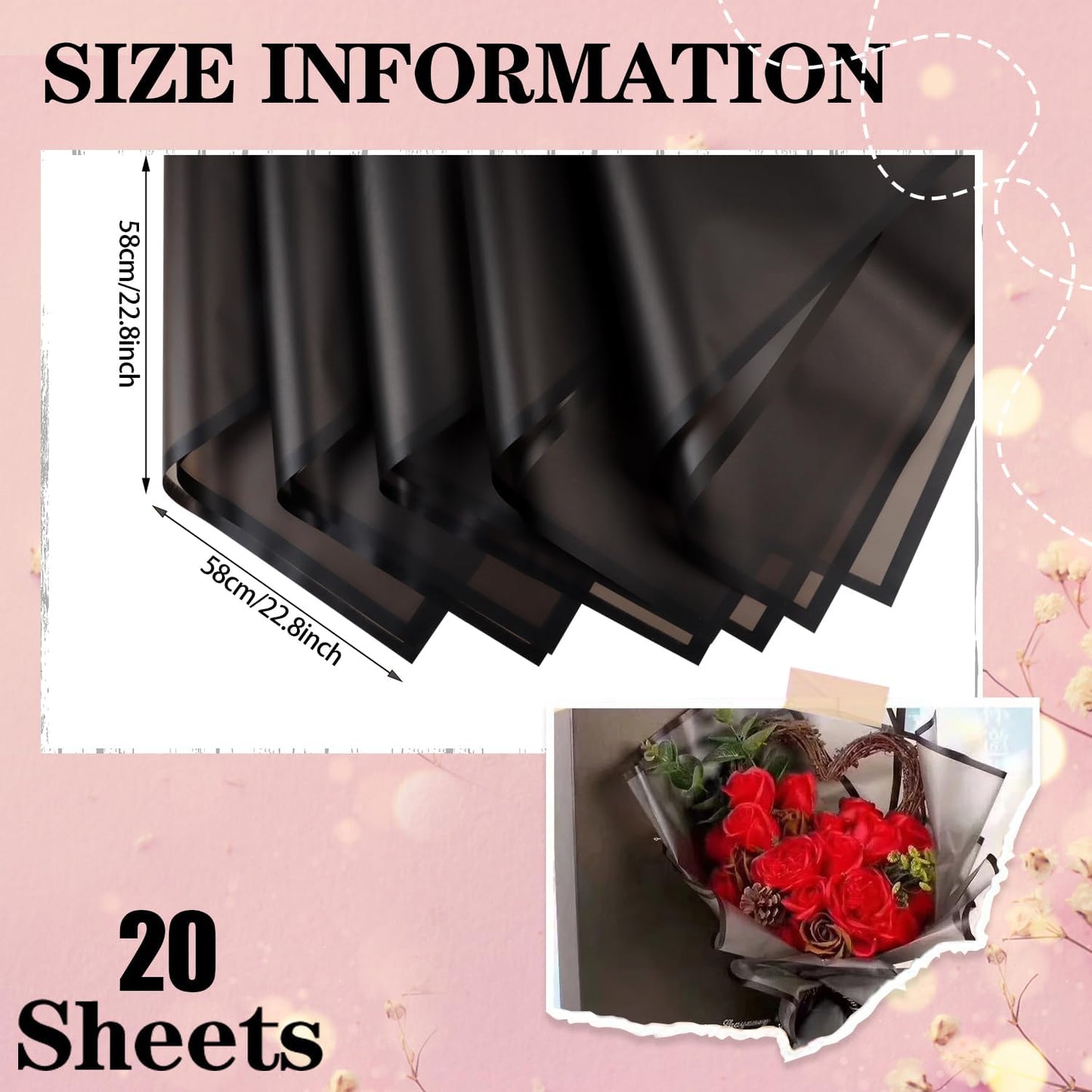 CCINEE 20 Sheets Black Flower Wrapping Paper with Black Edge,Waterproof Fresh Flower Packing Material Florist Bouquet Supplies DIY Craft Gift Packing