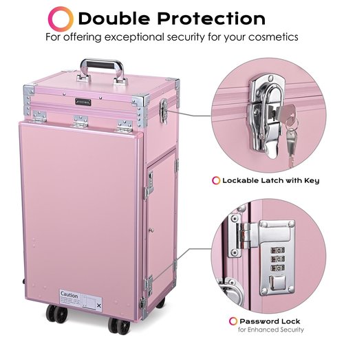 BYOOTIQUE Rolling Manicure Table Portable Nail Table Foldable Nail Desk Travel Makeup Train Case Cosmetic Trolley Storage Organizer with 4 Drawers Mirror & Speaker for Nail Tech Workstation Mua, Pink