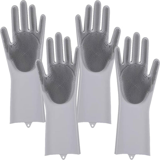 PEOKPIPLE 2 pairs Silicone Dishwashing & Pet Grooming Gloves - 2-in-1 Heat Resistant Gloves with High-Density Teeth, Enhanced Five Finger Design for Bathing, Cleaning Dishes, Cars, Dogs & Cats (Gray)