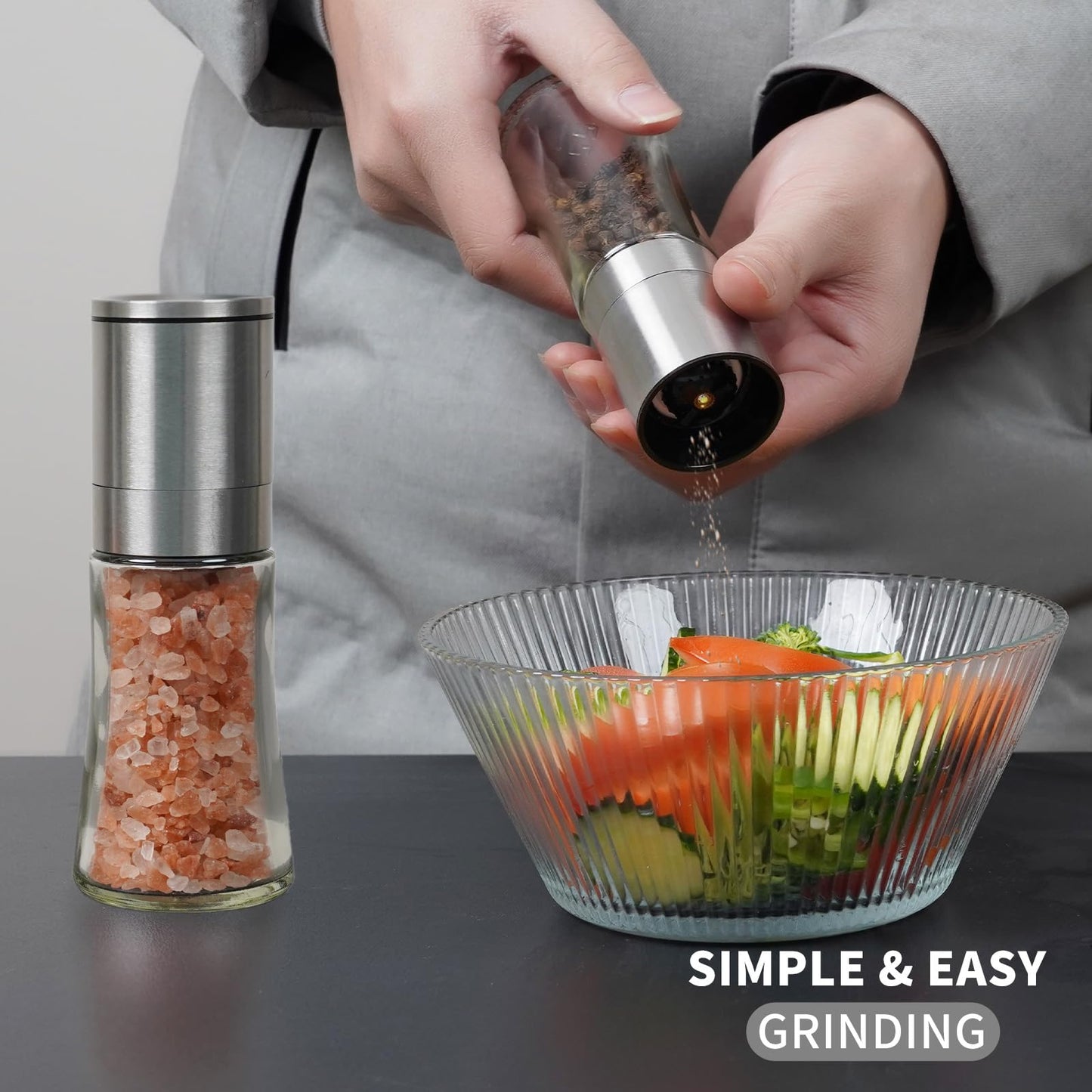Bunchtou Original Stainless Steel Pepper Grinder or Salt Mill 1pk - Coarseness Adjustable Sea Salt Grinder or Pepper Mill Grinder - Small Manual Salt Pepper Shakers with Glass Container