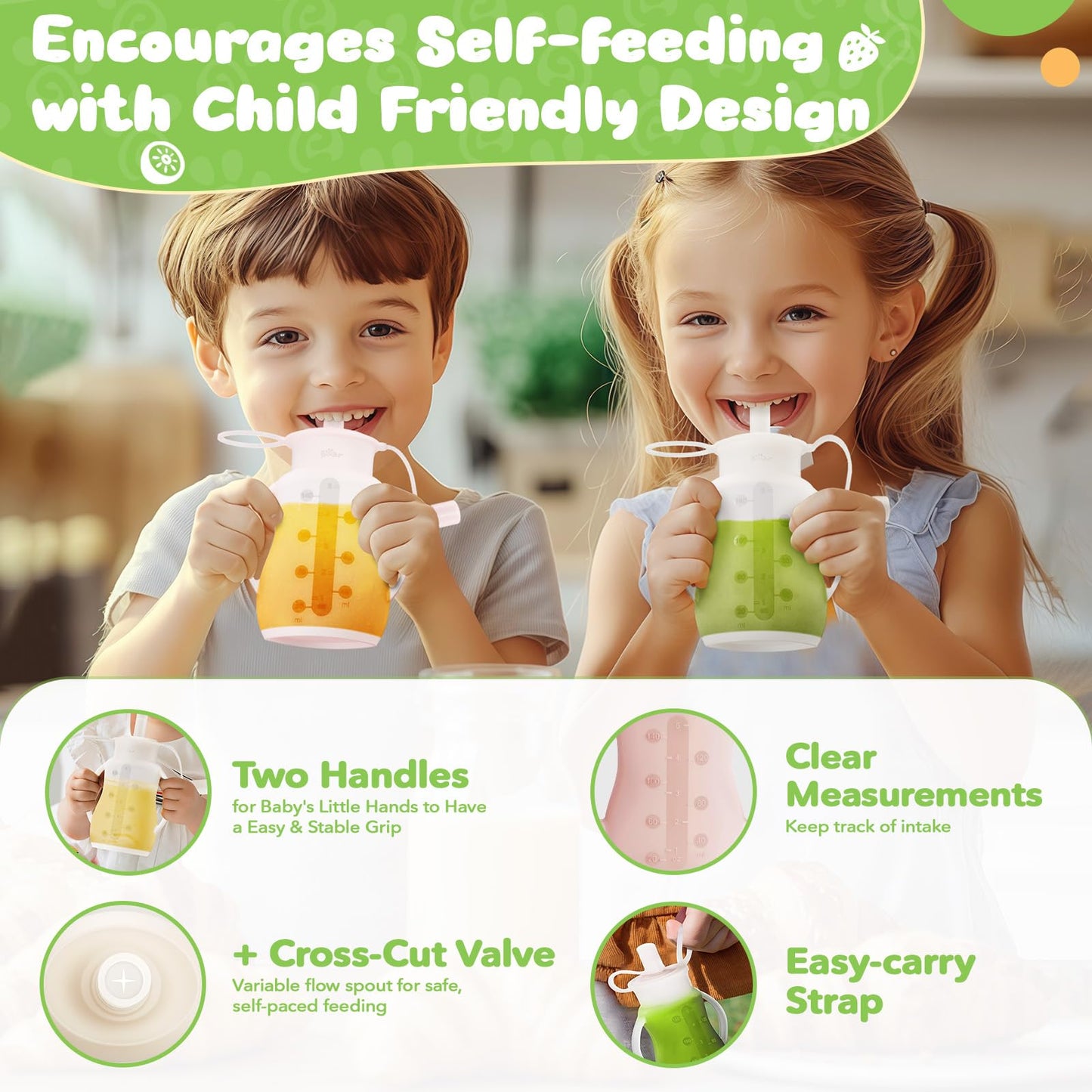 Bear Reusable Silicone Baby Food Pouches, 2 Pack Refillable Squeeze Pouch for Toddlers, Baby Food Containers Dishwasher&Freezer Safe | Make Homemade Organic Food for Babies, 5oz, 6m+