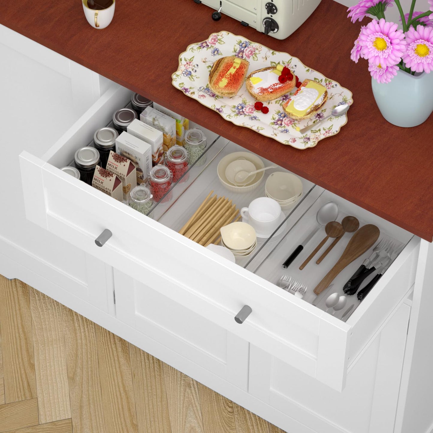 ANDSWANIE Kitchen Pantry Storage Cabinet,White Wood Tall Food Pantry Cabinet with Swing Out Doors,Microwave Stand and Storage,for Coffee Bar Farmhouse Buffet Kitchen Hutch Cabinets (White)