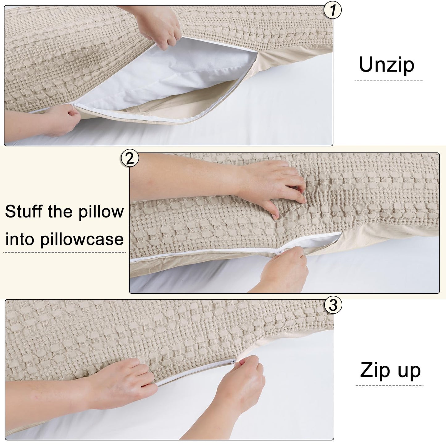 PHF 100% Cotton Waffle Body Pillowcase with Zipper, 1 Pack 20" x 54" Soft Skin-Friendly Pillow Sham, No Filling, Aesthetic Woven and Breathable Waffle Weave Body Pillow Cover for Bed, Oatmeal