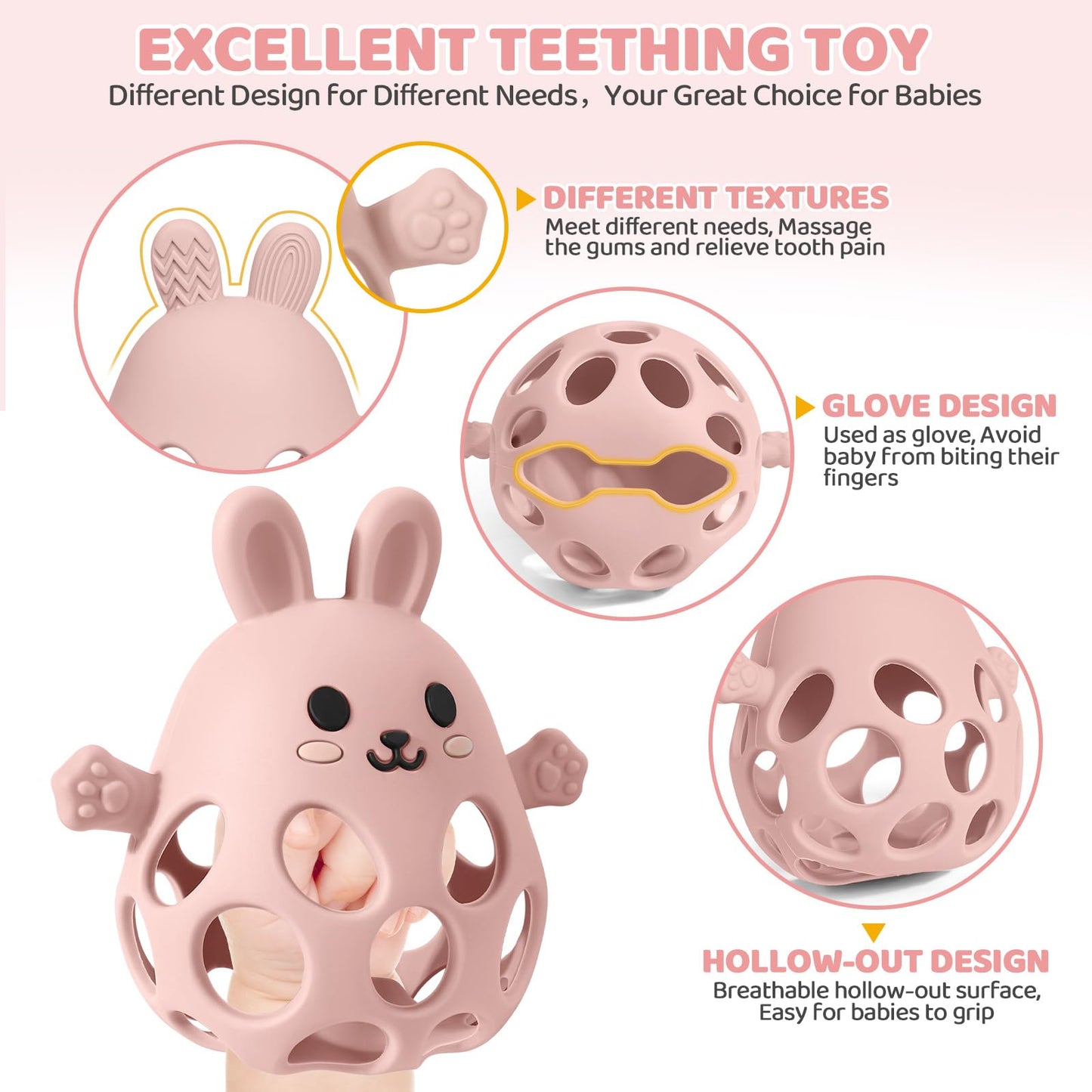Orzbow Baby Teething Toys 3-6 Months, 2 in 1 Rattle & Hand Teethers for Teething Relief, Easy Grasp Teething Mittens for Babies 0-12 Months,Food Grade Silicone, Newborn Infant Toddler Gift, Pink