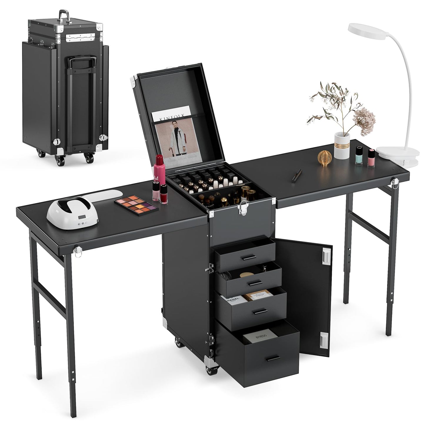 Icoget Portable Nail Table Desk, Foldable Rolling Manicure Table with Wheel, Makeup Train Case for Nail Teach, 2 Desktop Cosmetic Trolley Case, Black