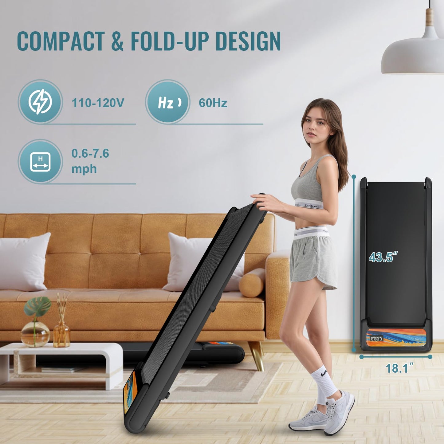 RIVANO Treadmill with Handles, Under Desk Treadmill with Remote Control LED Display, Electric Treadmills for Home Small, 2.5HP Walking Pad Treadmills with Handle Bar, 270LBS Capacity, Orange