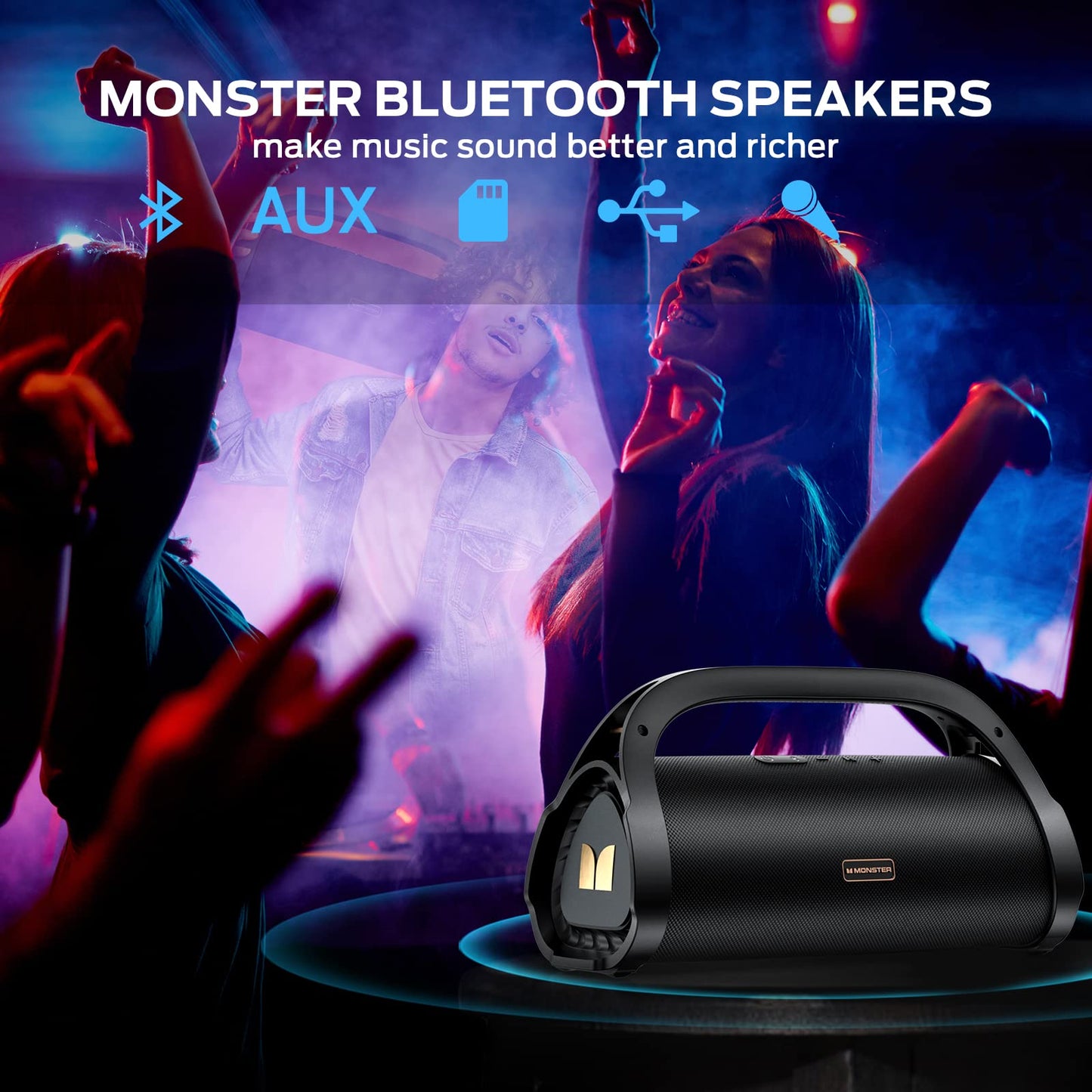 Monster Adventurer Max Portable Bluetooth Speaker, IPX7 Waterproof Wireless Speaker with Double Subwoofer Rich Bass, 100W Stereo Loud Sound with 24H Playtime for Outdoor, Beach, Gold
