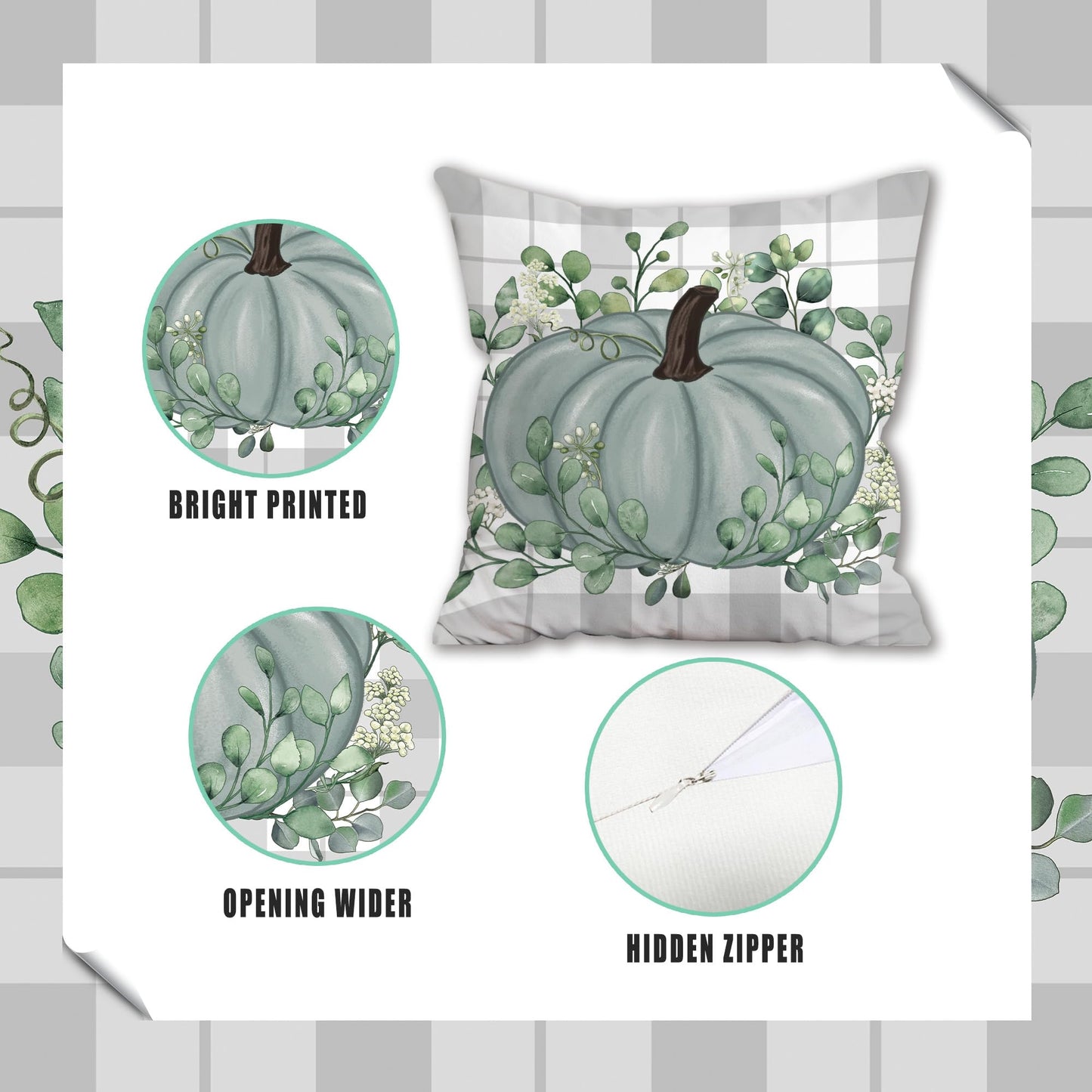 FUTBU Fall Pillow Covers 18x18, Fall Decorations Indoor Pillow Covers Set of 4 Blue, Autumn Decor Pumpkin Eucalyptus Leaves Throw Pillow Covers Harvest for Couch Sofa Living Room Outdoor Thanksgiving