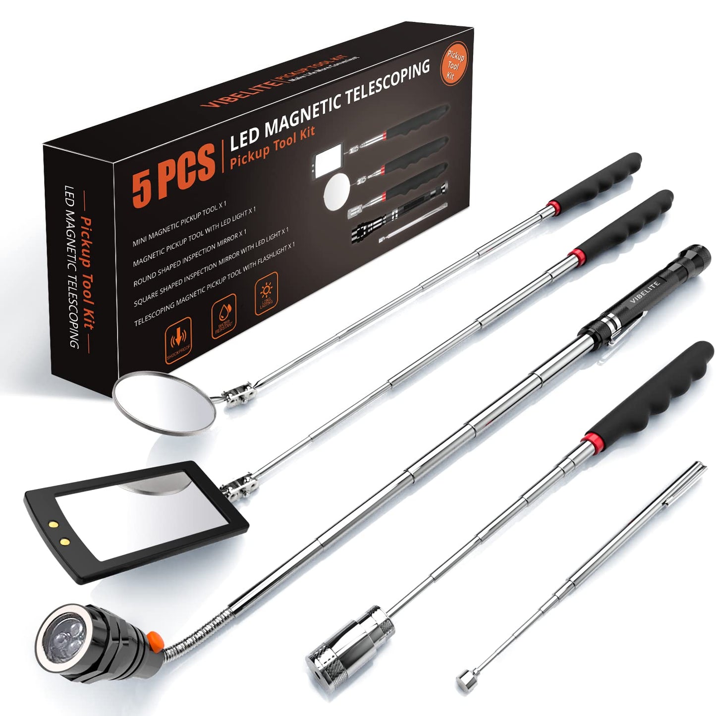 Telescoping Magnetic Pick Up Tool Magnetic Sweepers with 1 lb and 15 lb Pickup Rod, Round and Square 360 Swivel Adjustable Inspection Mirror and Flexible LED Flashlight, Birthday Gifts for Men, Dad