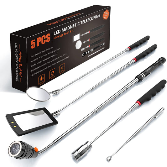 Telescoping Magnetic Pick Up Tool Magnetic Sweepers with 1 lb and 15 lb Pickup Rod, Round and Square 360 Swivel Adjustable Inspection Mirror and Flexible LED Flashlight, Birthday Gifts for Men, Dad