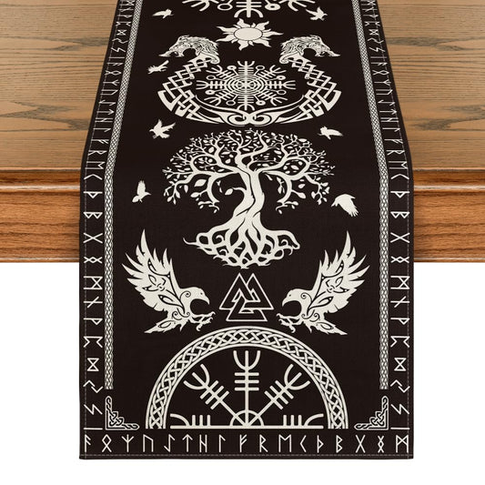 Artoid Mode Black Viking Tree of Life Raven Helmet of Awe Table Runner, Seasonal Kitchen Dining Table Decoration for Home Party Decor 13x108 Inch