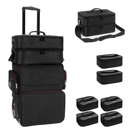Large Makeup Train Case with Makeup Travel Bag and 4 Clear Makeup Bags for Hairstylist, Hairdresser Bag with Detachable Pouch,Heat Insulation Anti-scalding for Hairdressing Organizer Big wheels