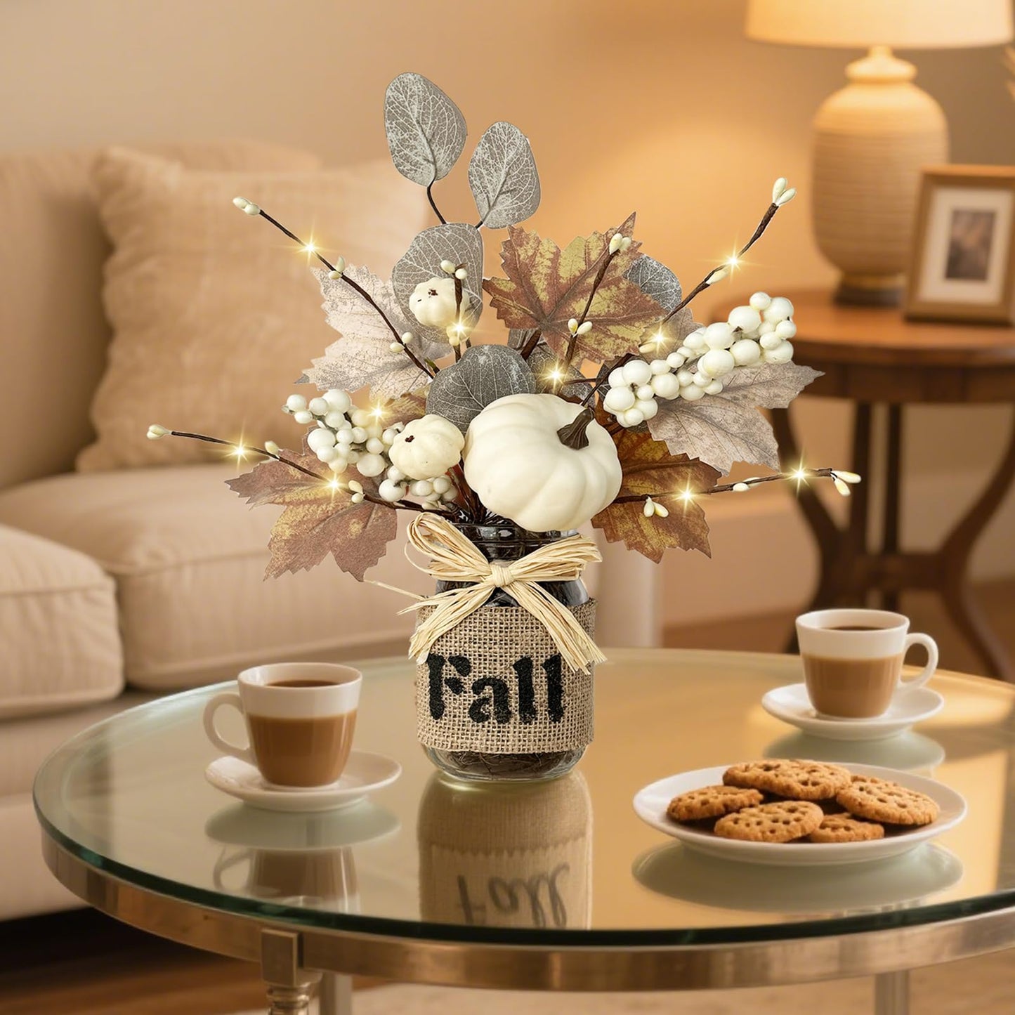 2 Pack 13.5 Inch Fall Decorations for Home Fall Table Centerpieces with 20 LED Lights Timer, Mason Jar with Maple Leafed Pumpkins Berried for Fall Thanksgiving Dining Table Decor Coffee Table Bathroom