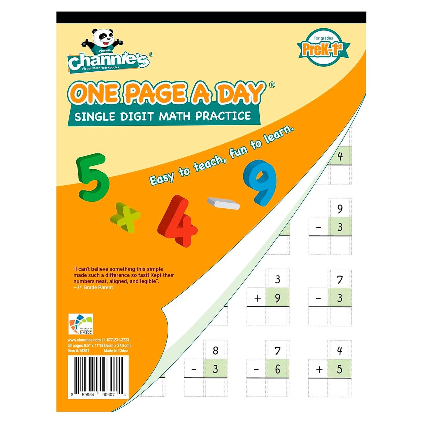 Channie’s One Page A Day Single Digit Addition & Subtraction Workbook for Pre-Kindergarten - 1st Grade Elementary School Students, Single Digit Math Practice, 50 Pages