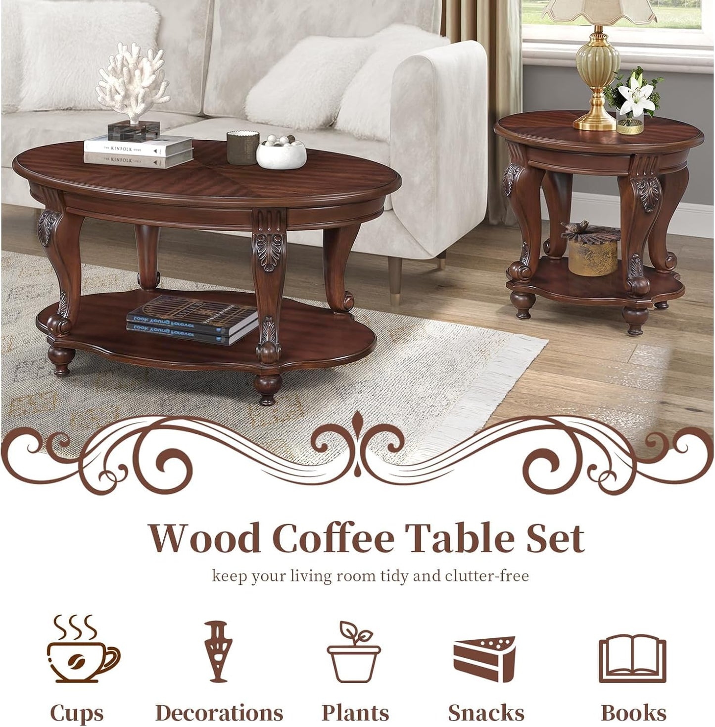 LKTART Oval Wood Coffee Tables for Living Room, Vintage Round Coffee Table with Carved Wood Legs, Tradition Elegant Coffee Table (Cherry, 42 Inch)