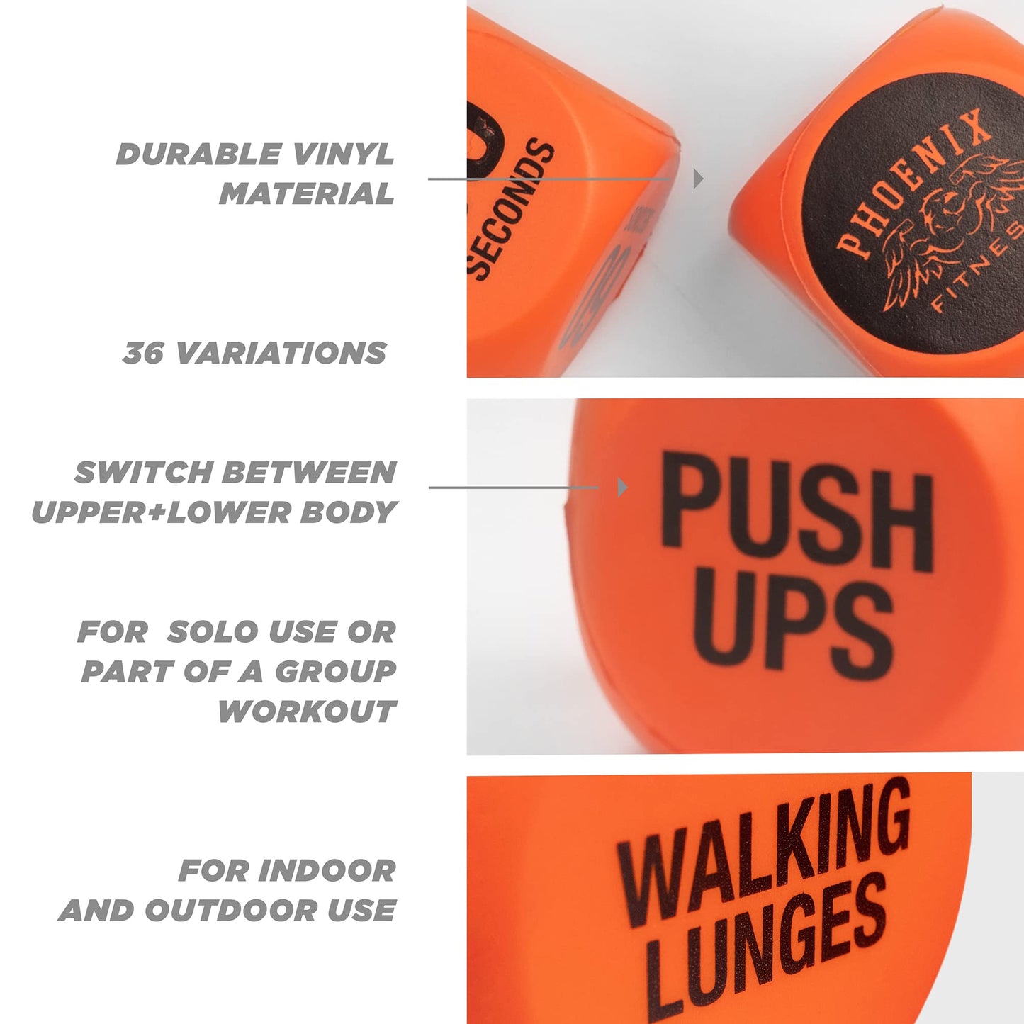Phoenix Fitness Exercise Dice - Workout Dice Game for Cardio, HIIT Training and Exercise Classes - Full Body Training includes Push Ups, Squats, Jumping Jacks, Crunches & Wildcard - Home and Gym