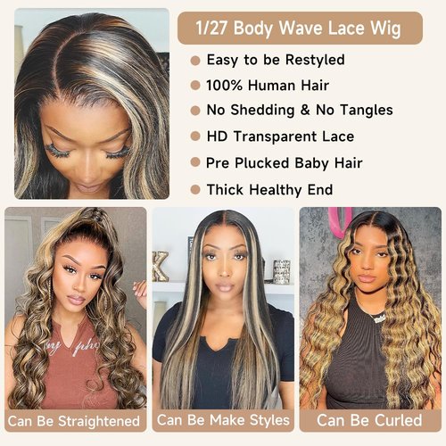 Avolo Ombre Lace Front Wig Human Hair Pre Plucked 13x4 Highlight Lace Front Wigs Human Hair Colored 180% Density Body Wave 1B/27 highlight wig HD Lace Frontal Wigs Human Hair 26 Inch