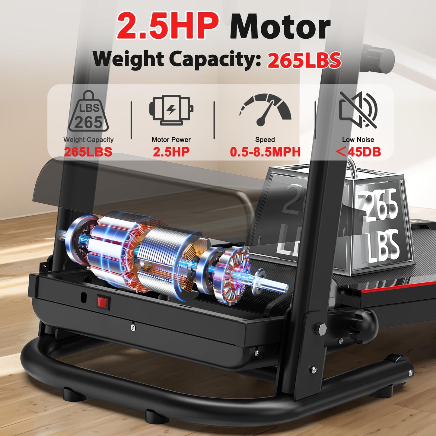 Foldable Treadmill 3.0 HP Quiet Brushless, 7.5 MPH, 300 LBS Capacity for Indoor Home Gym Use with Pulse Sensor LED Display Treadmill with Bluetooth Speaker