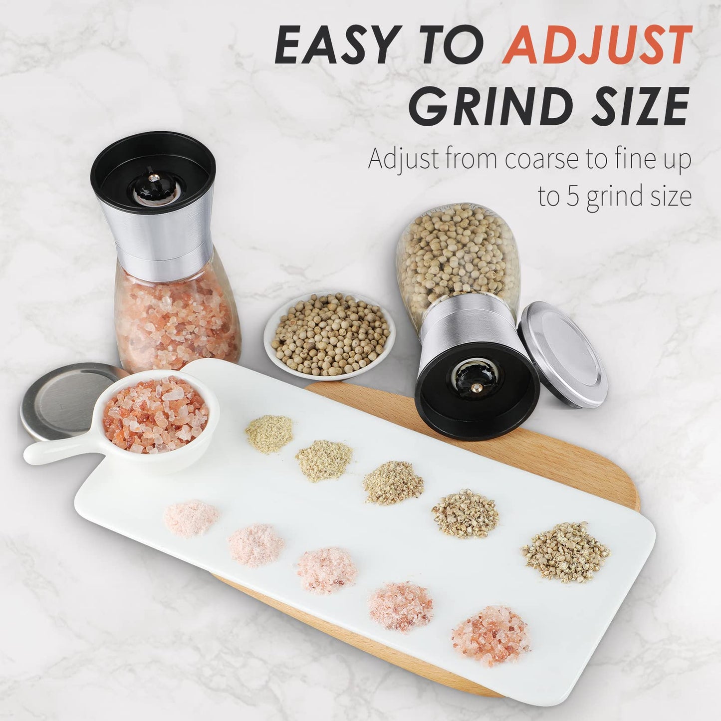 Ebaco Salt and Pepper Grinder Set - Refillable Grinder Adjustable Coarseness of Pepper Salt Spice Stainless Steel Mills Glass 6oz（2 Pack）