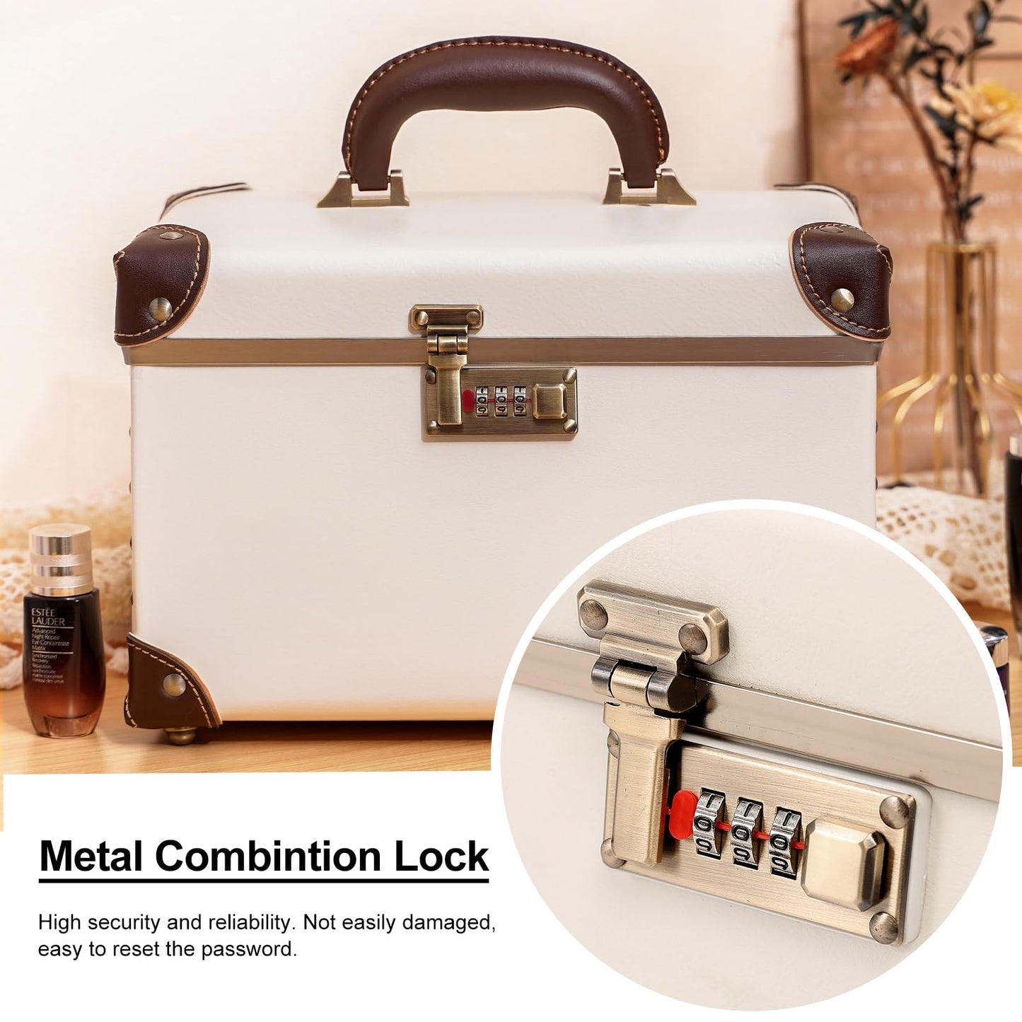 urecity Portable Retro Leather Makeup Train Case Cosmetic Organizer Case Leather Storage Box with Combination Lock (12.5", Ivory White)