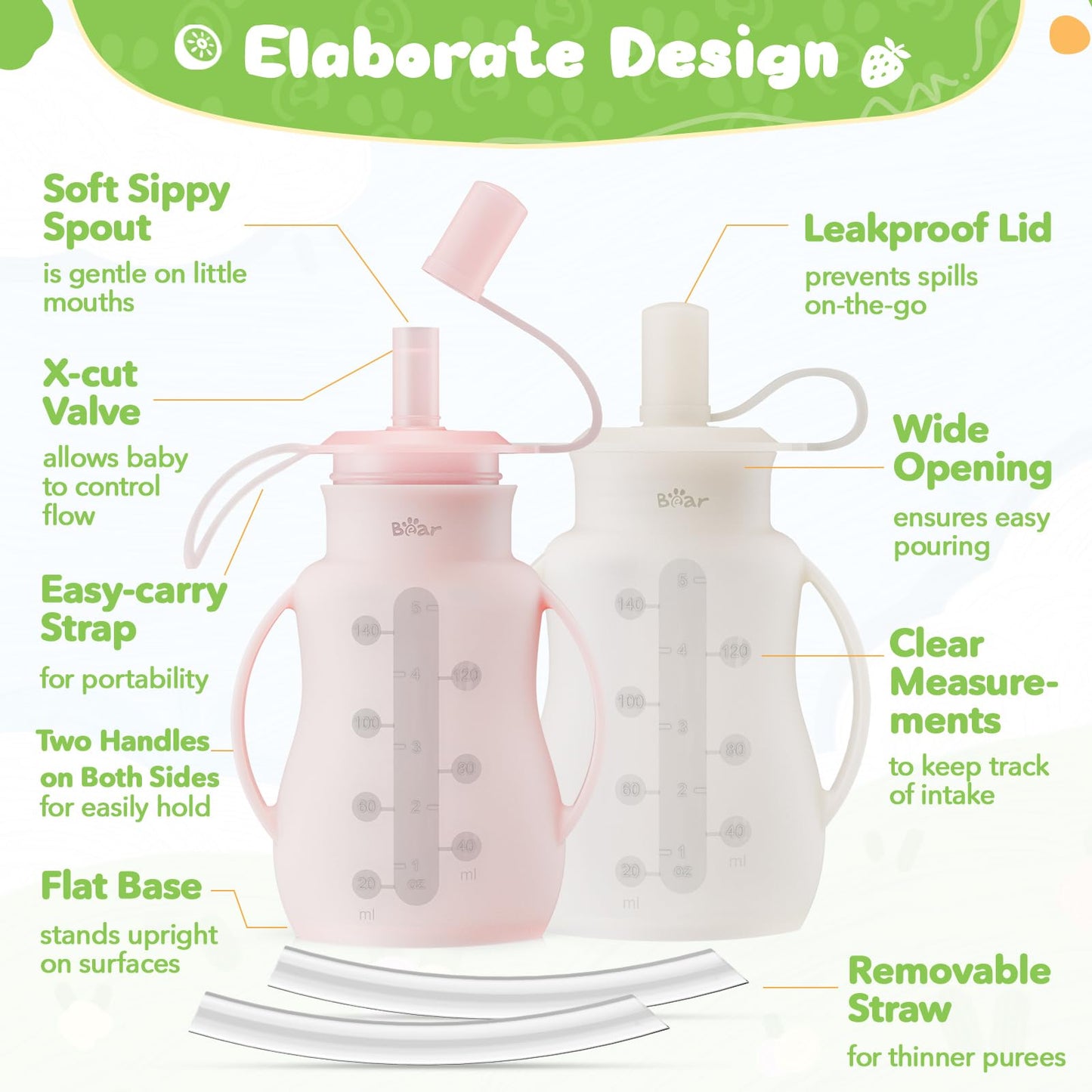 Bear Reusable Silicone Baby Food Pouches, 2 Pack Refillable Squeeze Pouch for Toddlers, Baby Food Containers Dishwasher&Freezer Safe | Make Homemade Organic Food for Babies, 5oz, 6m+