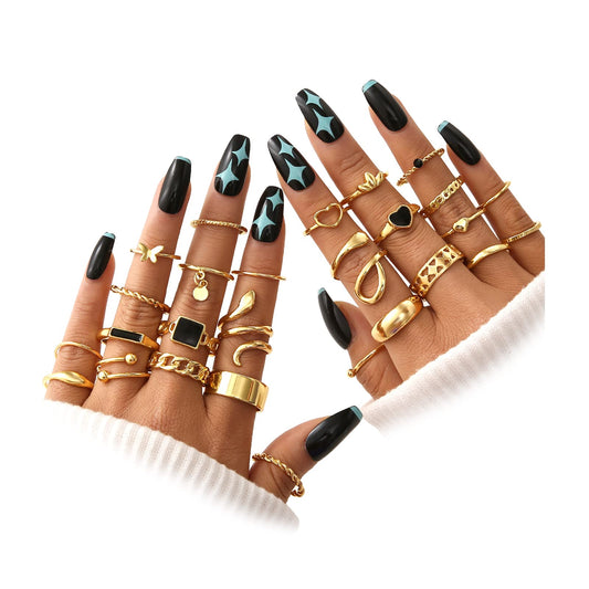FAXHION 27 Pcs Gold Knuckle Rings Set for Women, Vintage Stackable Boho Snake Finger Rings, Midi Hollow Rings Pack