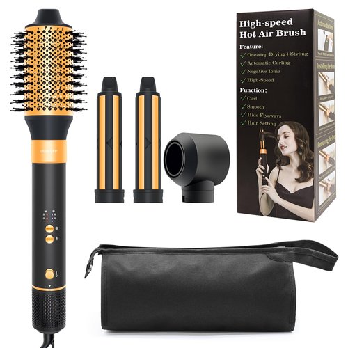 Air Styler Hair Dryer Brush - 110000 RPM Powerful Blow Dryer Brush for Professional Fast Drying, Curling, Volumizing, Multi-Styler with Auto-Wrap Curlers, Oval Brush, Round Nozzle (Black-Orange)