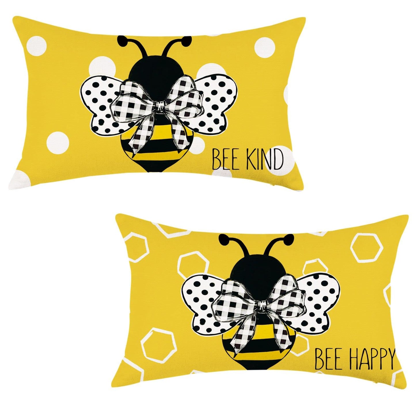 ONWAY Bees Summer Throw Pillow Covers 12x20 Inch Set of 2 Stripes Polka Dots Honey Bee Yellow Decorative Lumbar Farmhouse Cushion Case for Sofa Couch Home Bed
