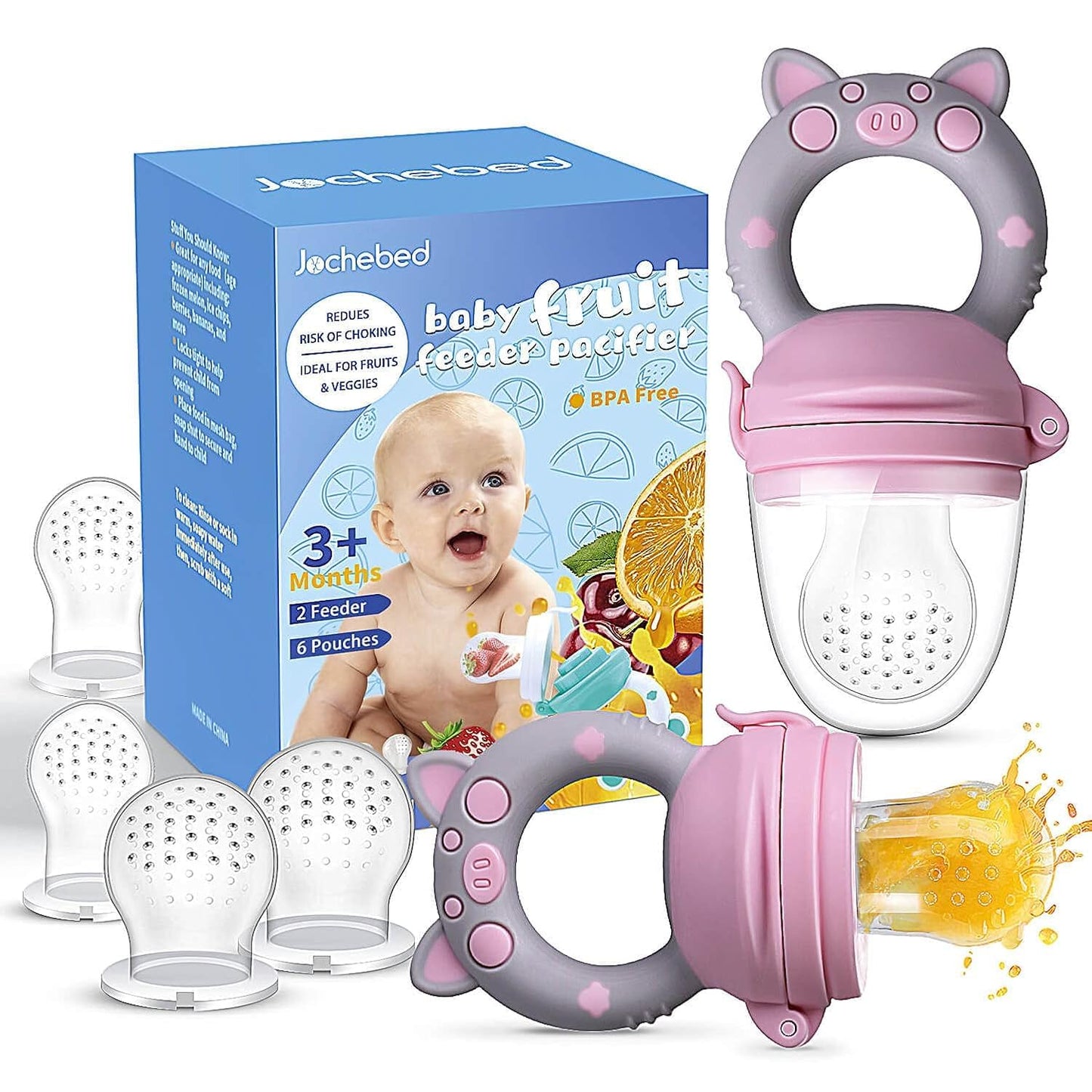 Baby Fruit Food Feeder Pacifier - Fresh Teething Pacifiers, Infant Fruit Teething Teether Toy for 3-24 Months, 6 Pcs Silicone Pouches for Toddlers & Kids & Babies, Piggy Handle 2-Pack (Pink & Gray)