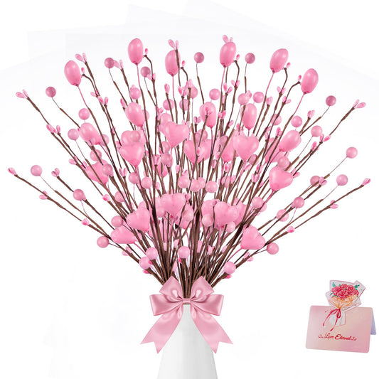 6 Pcs Valentine’s Day Gifts, Artificial Berry Flower Stems with Pink Heart Shaped Berry Picks with Message Card for Valentine’s Day Chrismas Decor, Propose Wedding Anniversary Decorations