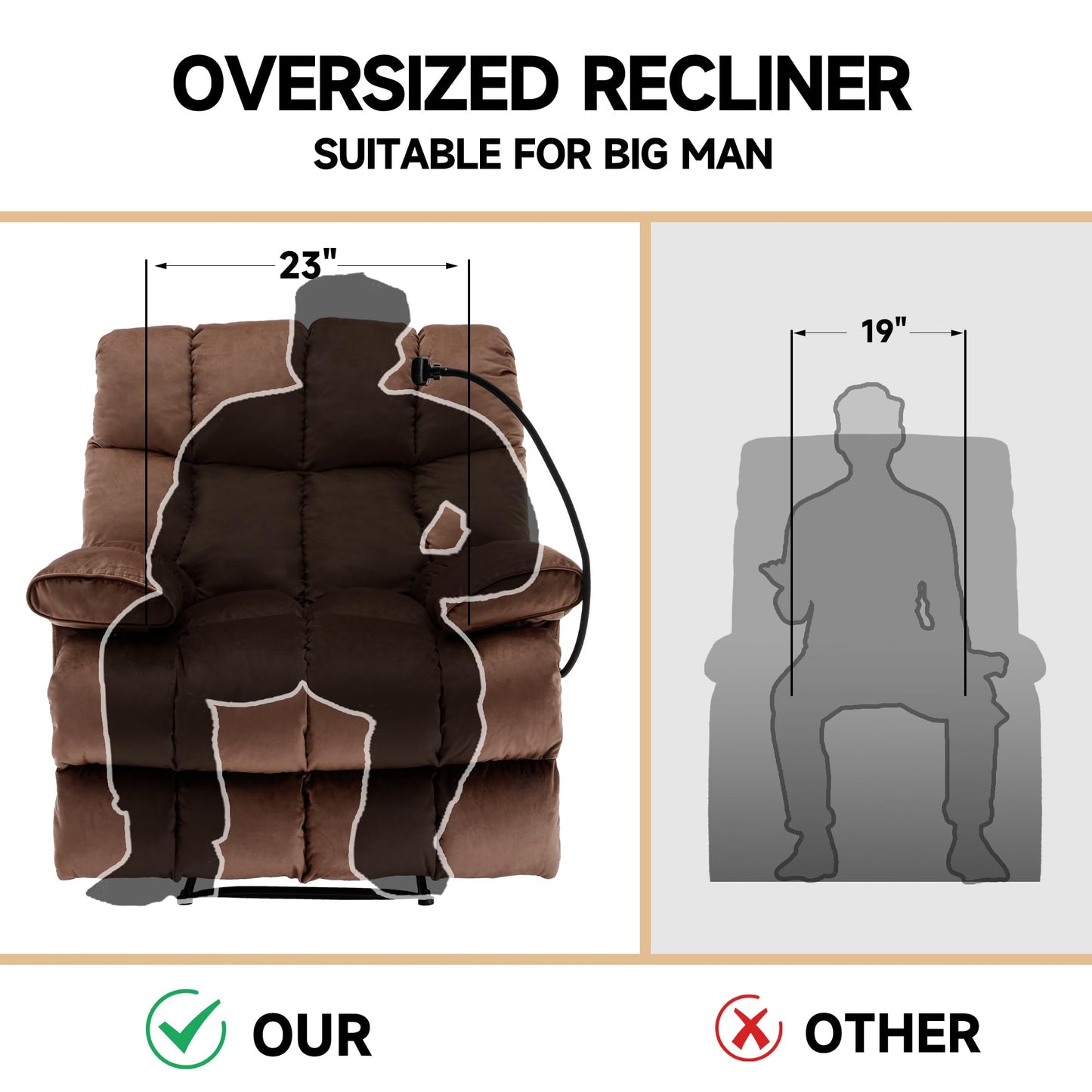 GNMLP2020 Oversized Recliner Chair, Big Mans Recliner Chairs for Adults 400LBS, Extra Wide Recliners for Tall Man, Large Recliner Chair for Living Room, Brown