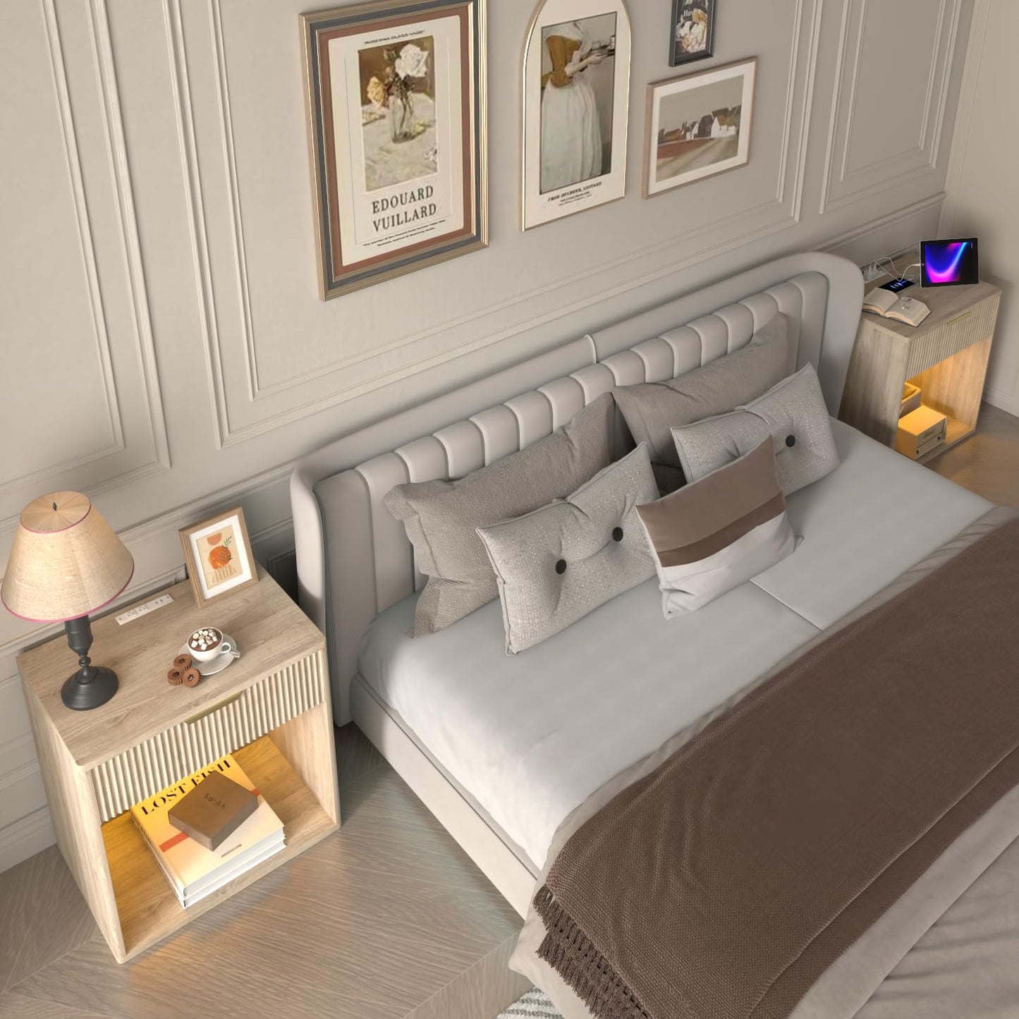 EROMMY Fluted Nightstand with Charging Station, 23” Wide Modern Bedside Table with Drawer, Mid Century Nightstand End Table for Bedroom, Curved Profile, Natural Oak