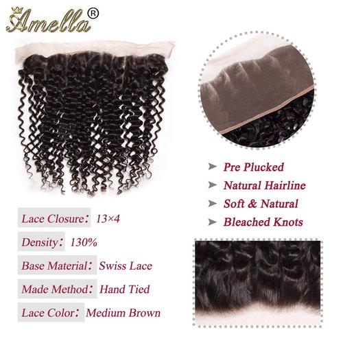 Amella Hair 8A Brazilian Hair Frontal with Bundles Kinky Curly 3 Bundles with Free Part Lace Frontal 100% Unprocessed Virgin Brazilian Hair 10 12 14+10 inch Frontal