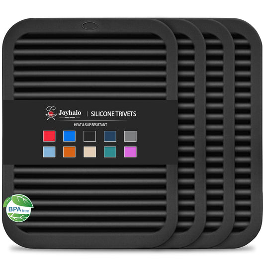 Joyhalo 4 Pack Trivets - Silicone Hot Pads for Kitchen, 9'' x 12'', Heat Resistant to 480F, Black