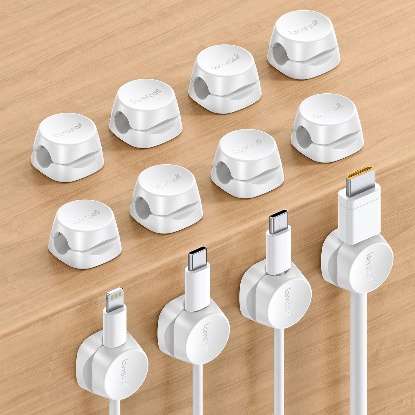 8Pack Cord Organizer [1s Lock] Spring Cable Management Clips - Lamicall Desk Cord Holder, Adhesive Cute Round Cable Clip, Phone Charger Wire Organizer Keeper for Nightstand Car Office Accessory, White
