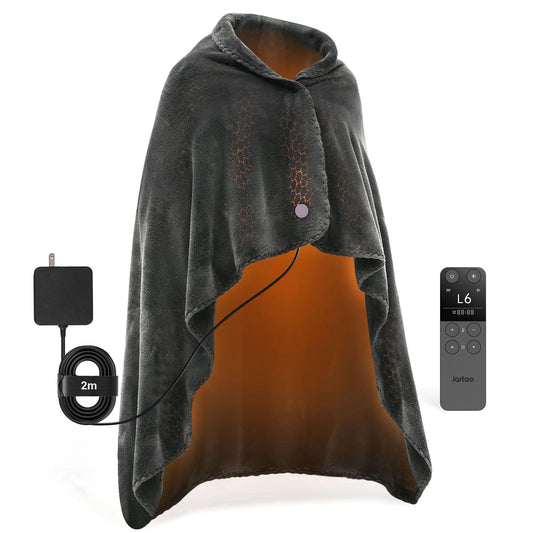 Jartoo Nano Heated Blanket Electric Throw, Portable Washable Heated Shawl Wraps - 24V Safe & Eco, 30s Far Infrared Heating, Cordless Remote with 6 Heating Levels & 5 Time Settings (50"x60", Grey)