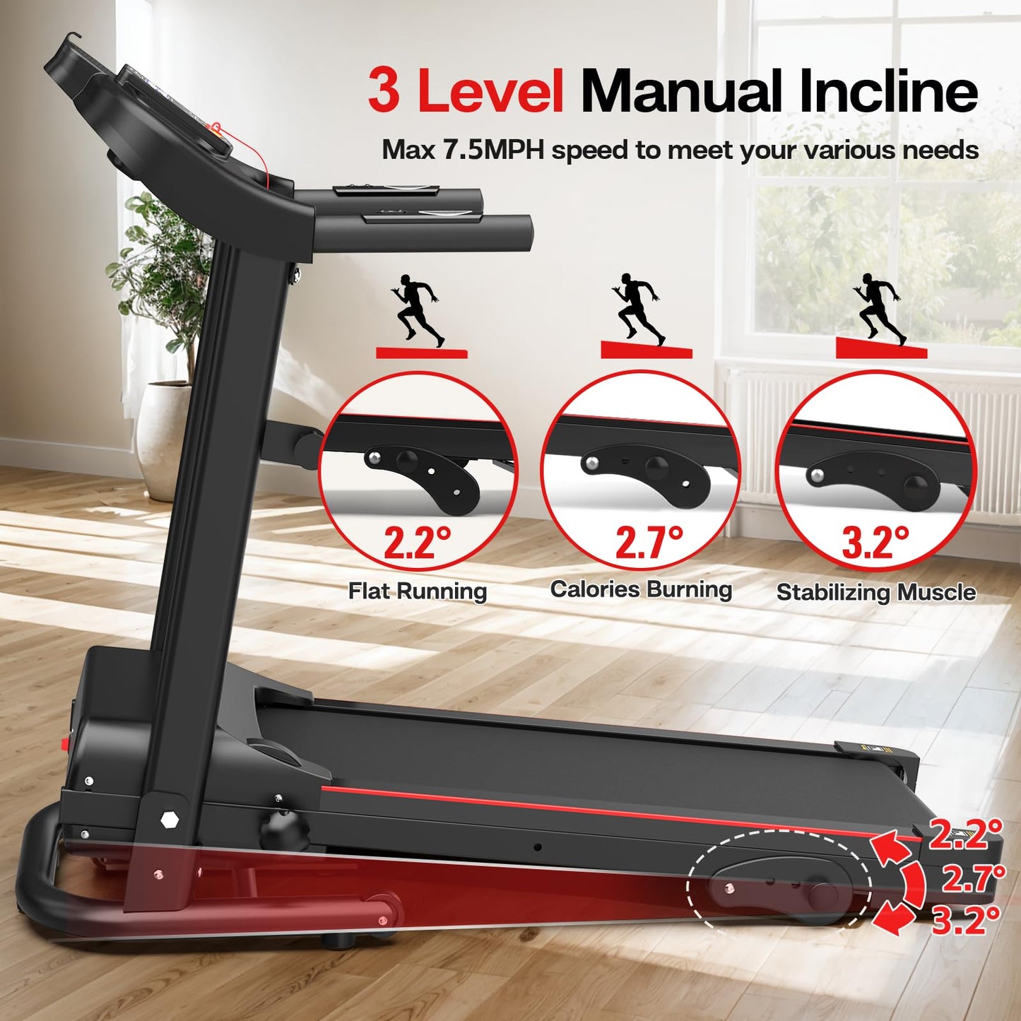 Foldable Treadmill 3.0 HP Quiet Brushless, 7.5 MPH, 300 LBS Capacity for Indoor Home Gym Use with Pulse Sensor LED Display Treadmill with Bluetooth Speaker