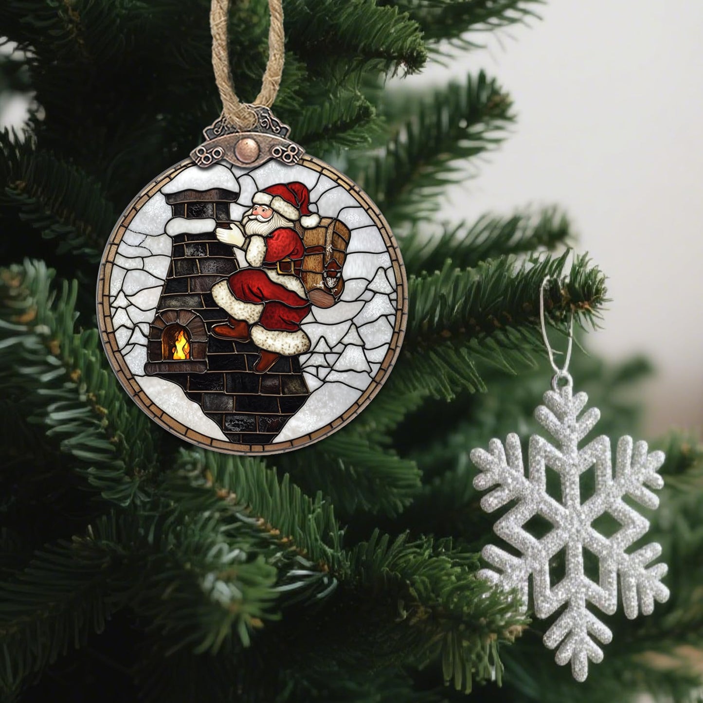 HWRHTR Stained Glass Christmas Decorations, Santa Claus Chimney Suncatcher for Window Christmas Tree Hanging Ornaments White Sun Catcher Xmas Decor Gifts for Little Girl Women Men Mom Nana Friend